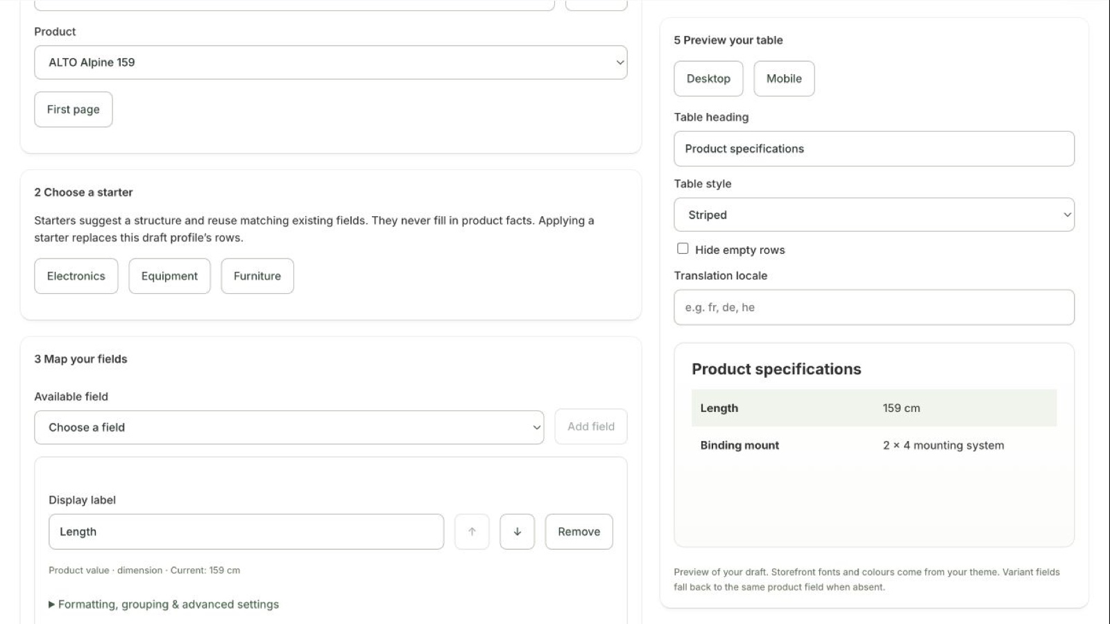 SpecPebble table setup and product page preview in Shopify